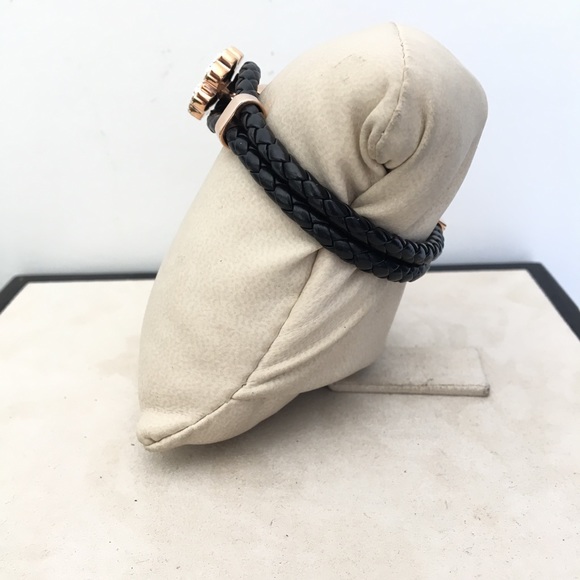 Four Leaf Clover Rose Gold Cz Leather Bracelet - Picture 4 of 10